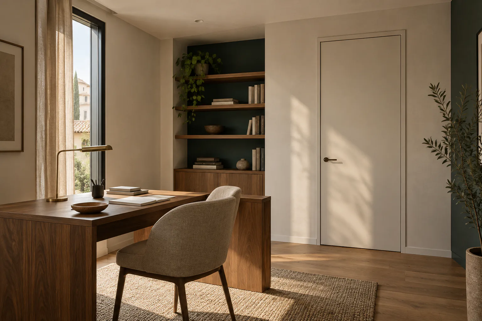 Study with a flush door, bookcase and warm materials. Conceptual image by NIVAREL.