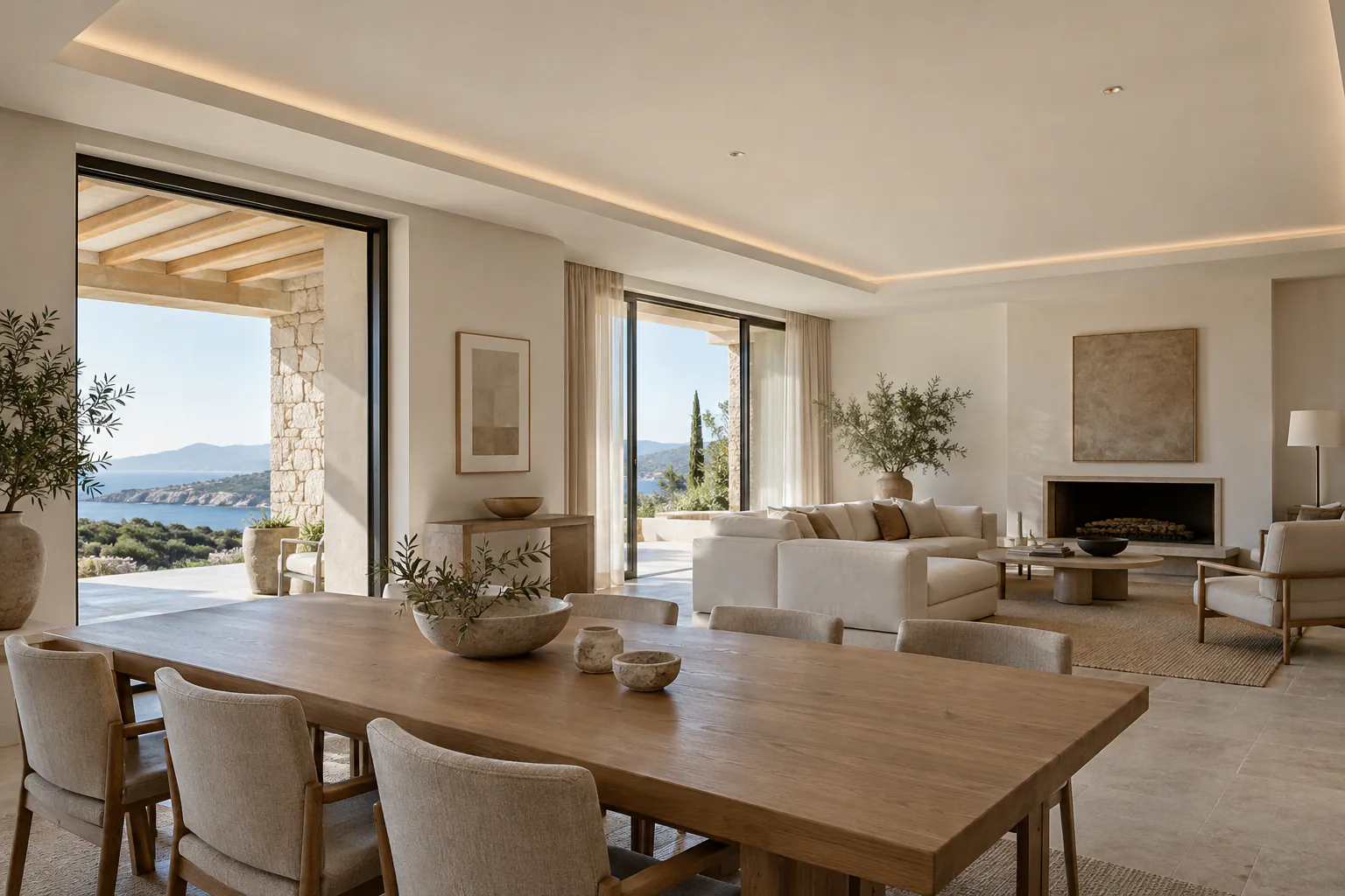 Living and dining room with a continuous ceiling and lighting integrated at its perimeter. Conceptual image by NIVAREL.