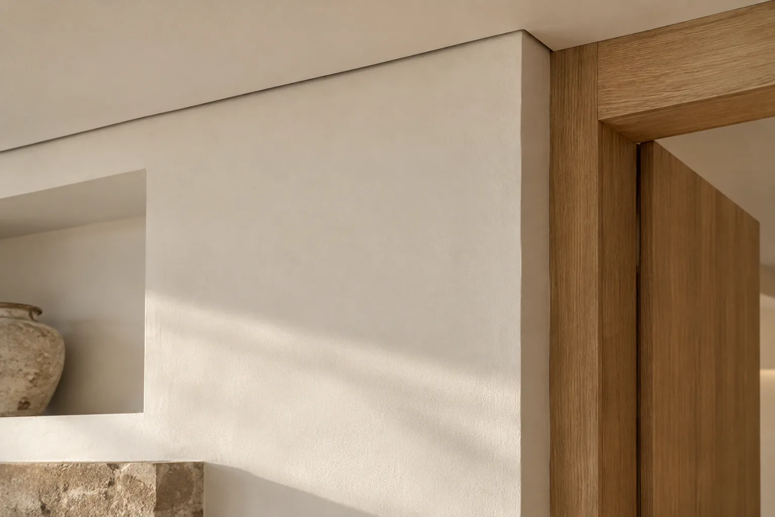 Detail of a plaster wall with a recessed niche where it meets a timber frame. Conceptual image by NIVAREL.