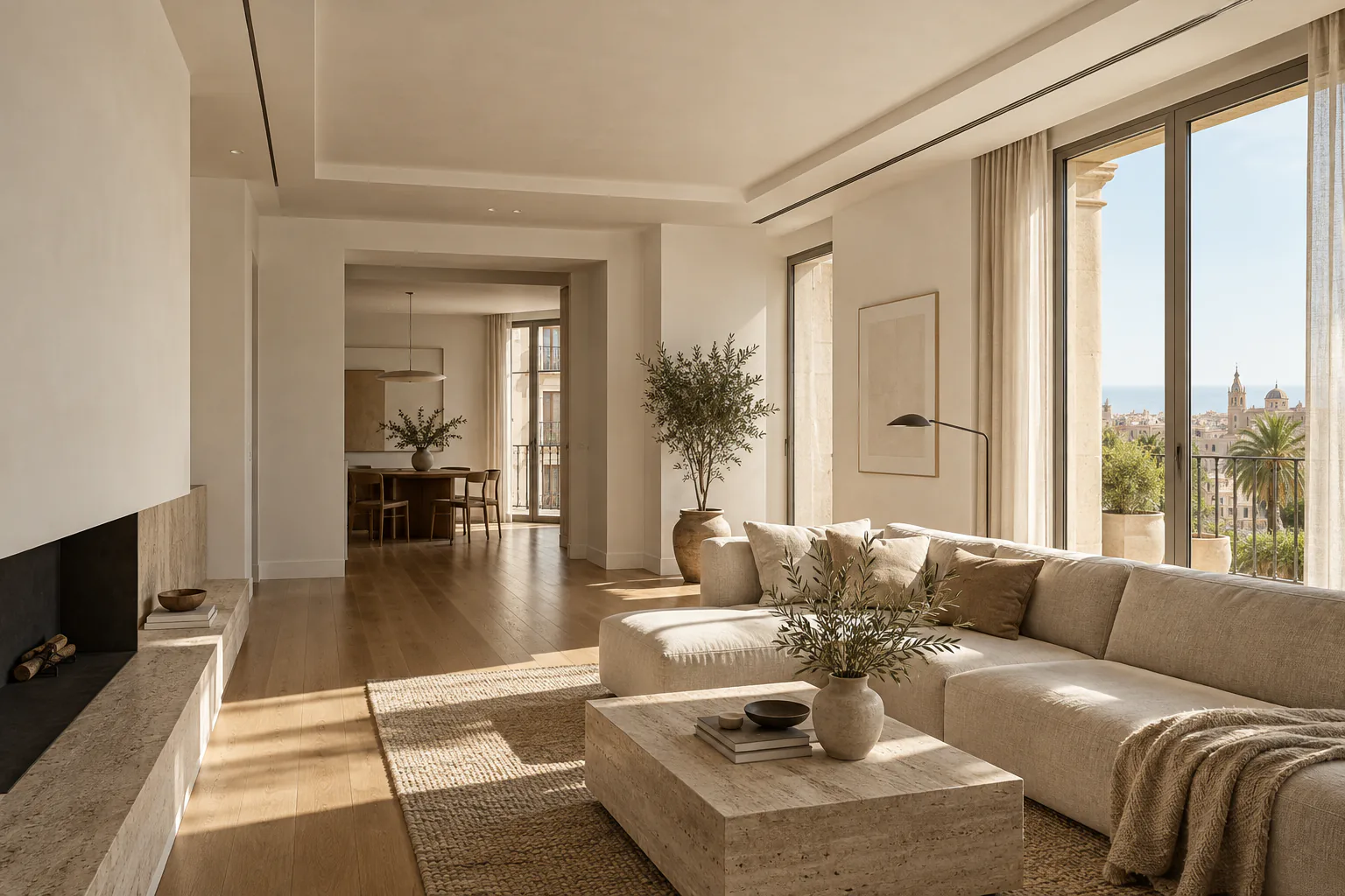 Light-filled living room with a continuous ceiling, warm walls and a dining room beyond. Conceptual image by NIVAREL.