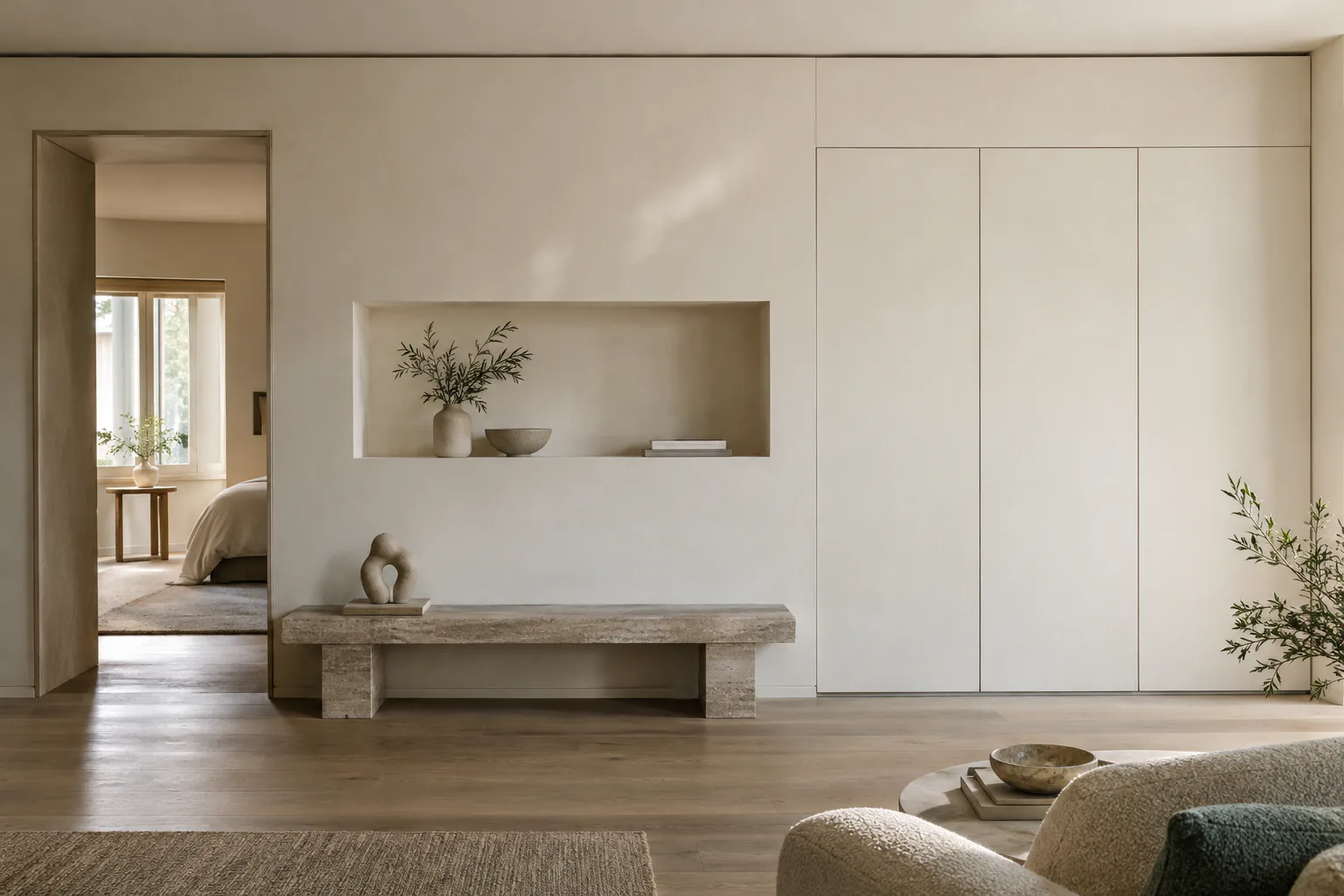 Smooth wall with a recessed niche and stone bench beside an opening between rooms. Conceptual image by NIVAREL.