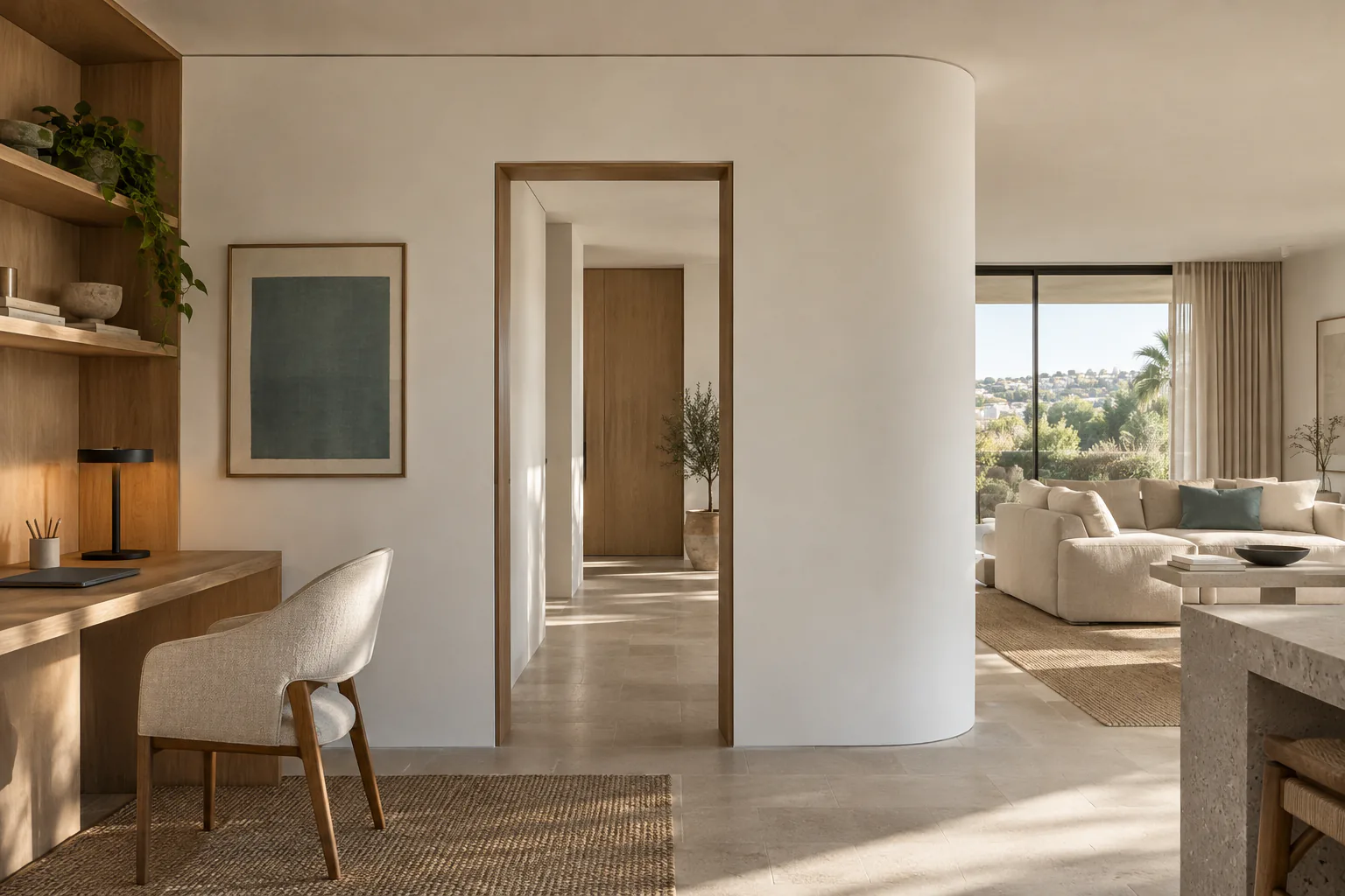 Curved partition separating a desk from the living room, with an opening between rooms. Conceptual image by NIVAREL.