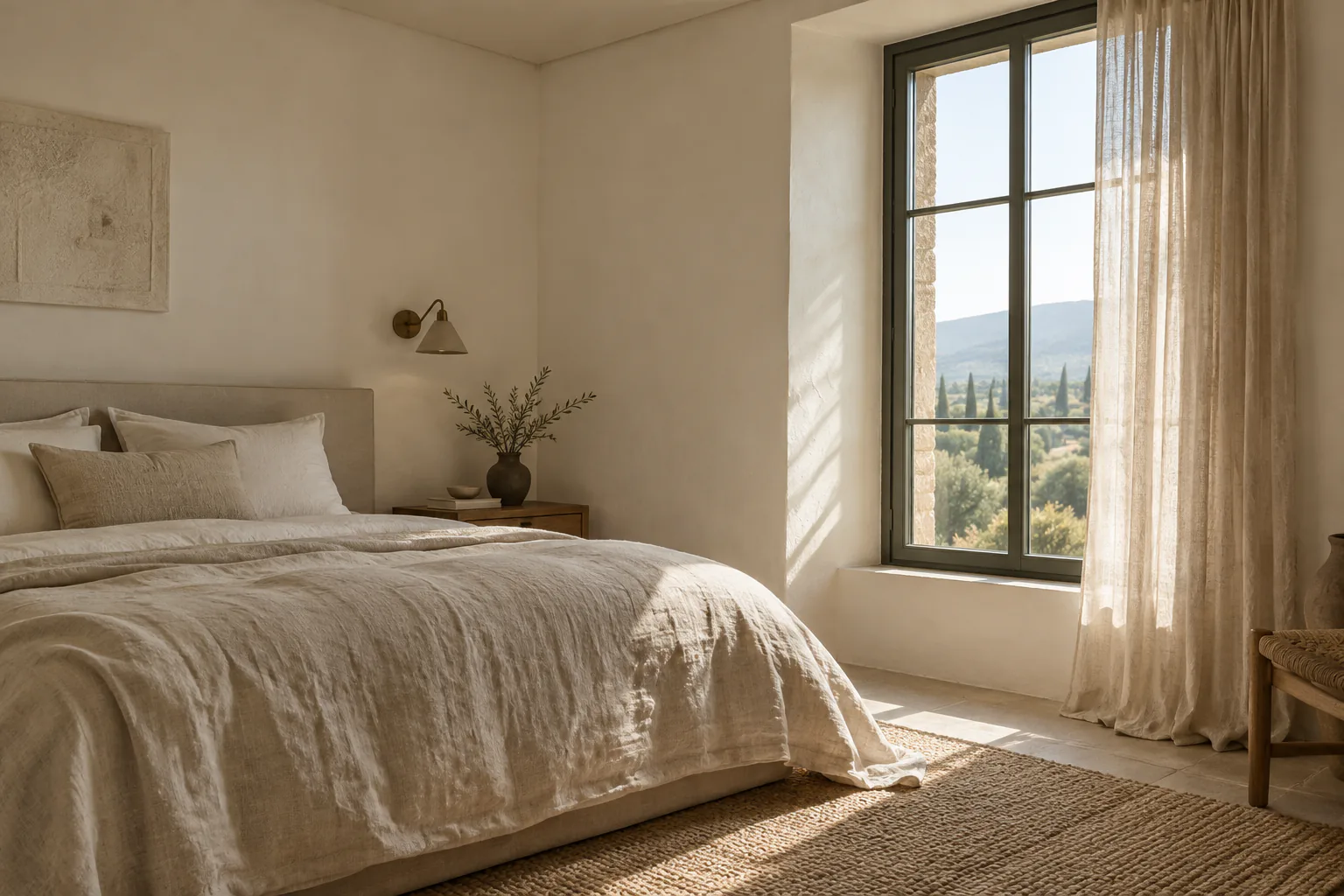 Light-filled bedroom with a deep window opening and natural textiles. Conceptual image by NIVAREL.